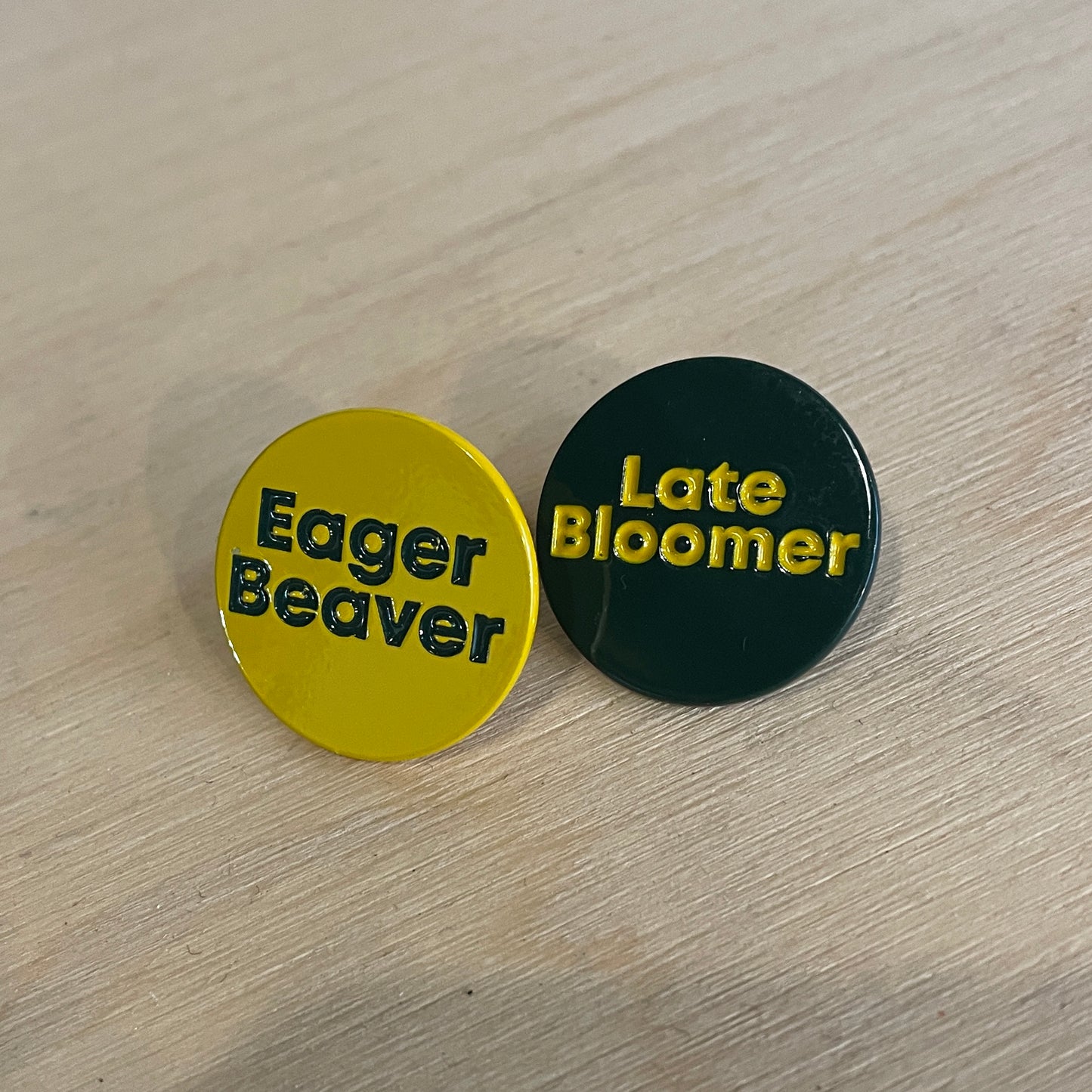 Late Bloomer & Eager Beaver Enamel Pin Badge Set